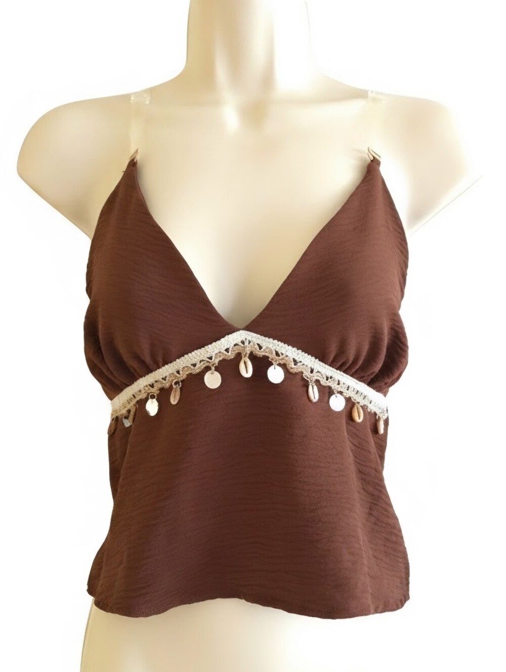 Madden Girl Brown Lace-Trim Cami with Coin Fringe